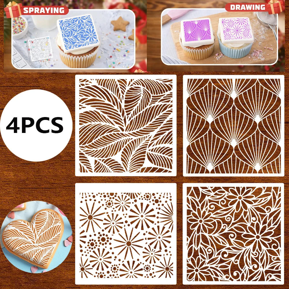 Cake Cookie Stencils 4Pcs, Leaf Dandelion Patterns, Food Grade PET Reusable Templates for Baking & DIY Decor