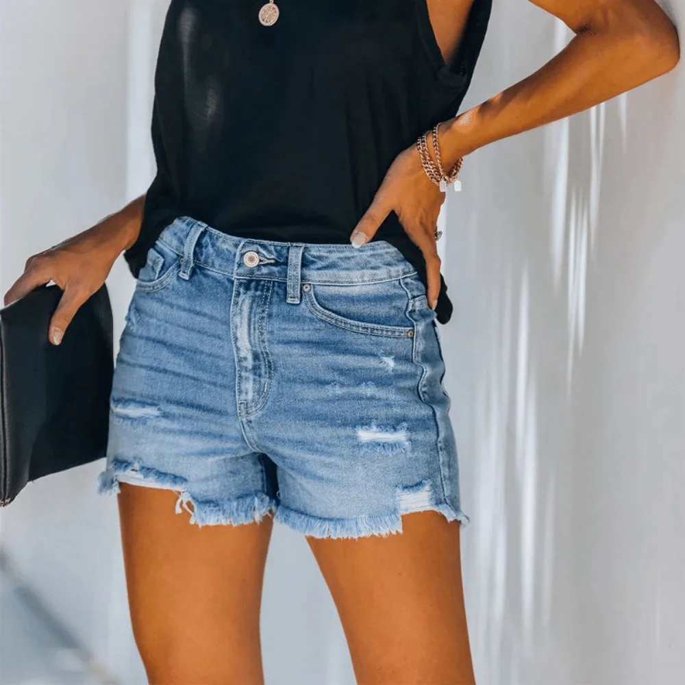 New Four-color Ripped High-waisted Women's Denim Shorts Baby Pants