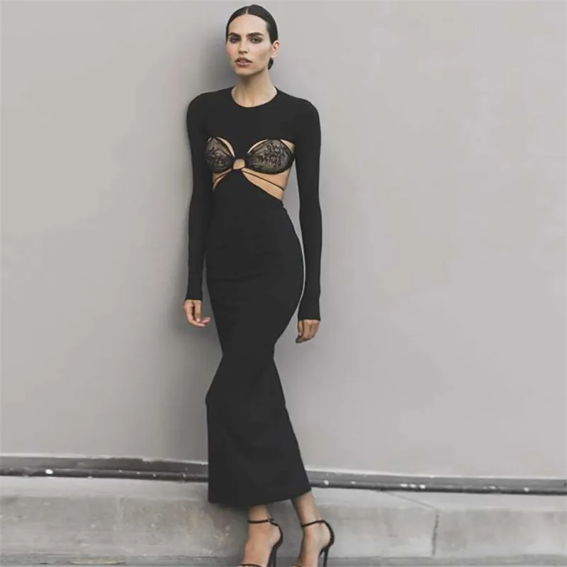 

Осеннее женское платье с длинными рукавами на шнуровке и круглым вырезом, юбка до щиколотки с вырезом на талии, черное облегающее вечернее платье с открытой спиной