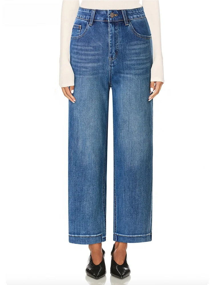 

Джинсы прямого кроя с высокой талией, темно-синие, длиной 7/8, бренд Sp over Sp, из мягкой смесовой ткани (французский хлопок), для женщин