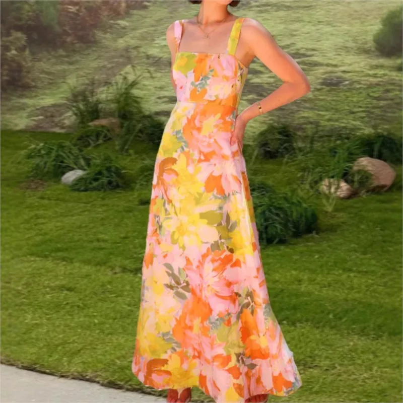 

2025 Floral Printed Sleeveless A-line Long Dress Summer New Fashion Elegant Bohemian Vestidos Beach Vacation A-line Midi Dresses