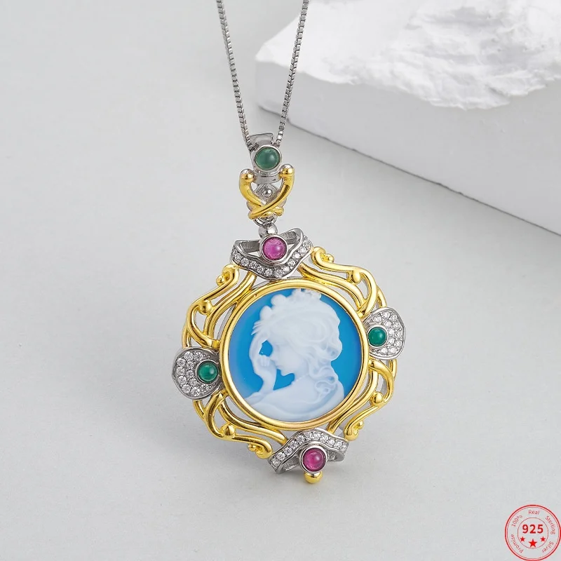 

S925 Sterling Silver Charms Pendants for Women Contrast Colored Hollow Pattern Blue Agate Goddess Zircon Jewelry Wholesale