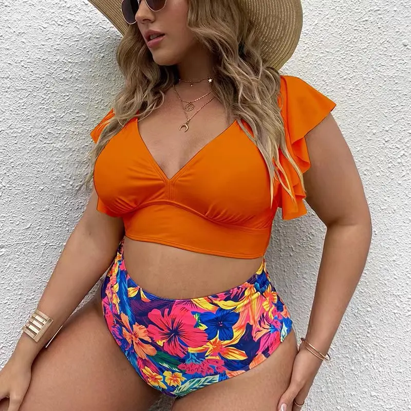 W jednolitym kolorze Plus Size zestaw Bikini kobiety z wysokim stanem rozcięty strój kąpielowy damski moda impreza sportowa plaża strój kąpielowy