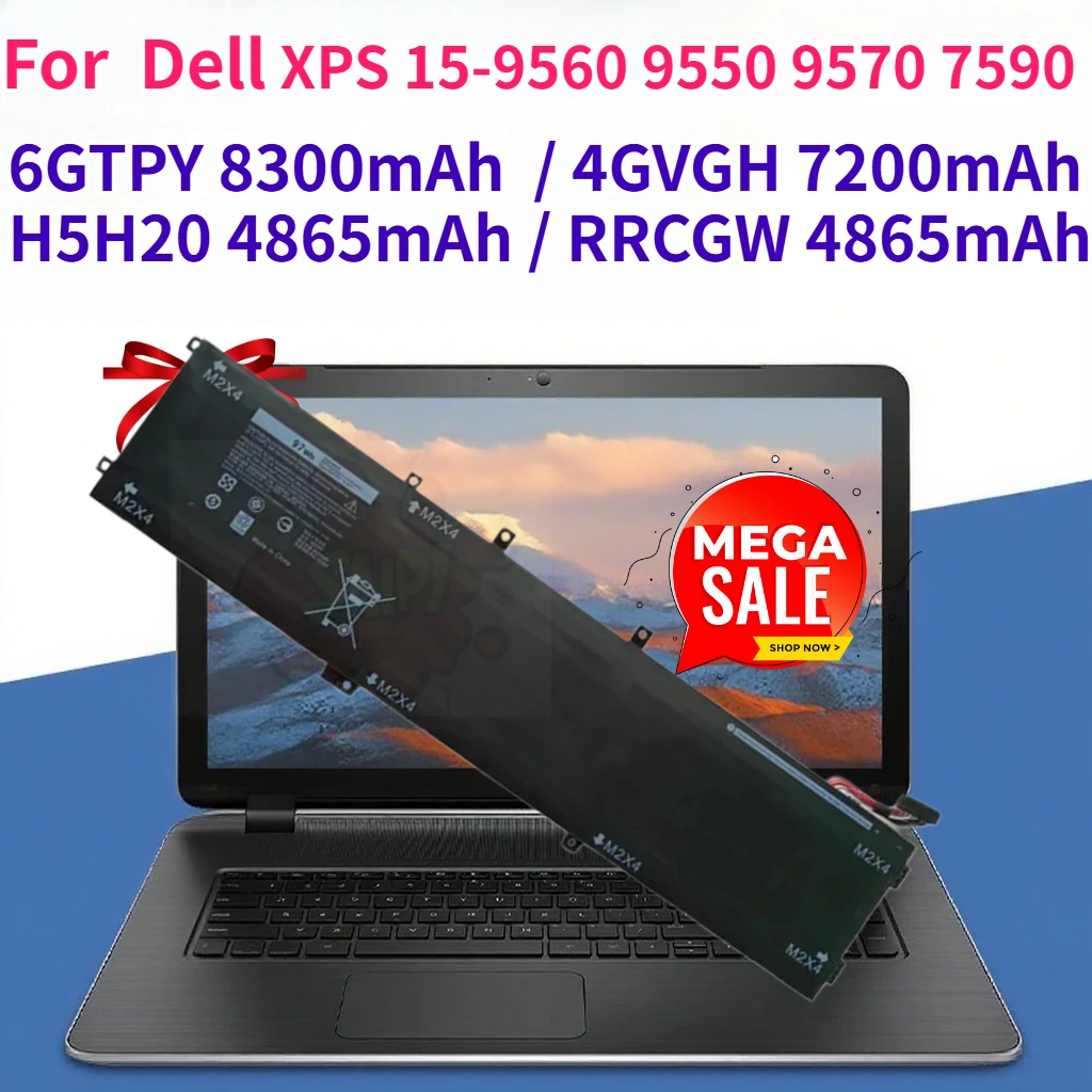 

6GTPY RRCGW H5H20 4GVGH 8300mAh 4865mAh 7200mAh Laptop Battery for Dell XPS 15-9560 9550 9570 7590 11.4V Compatible Batteries