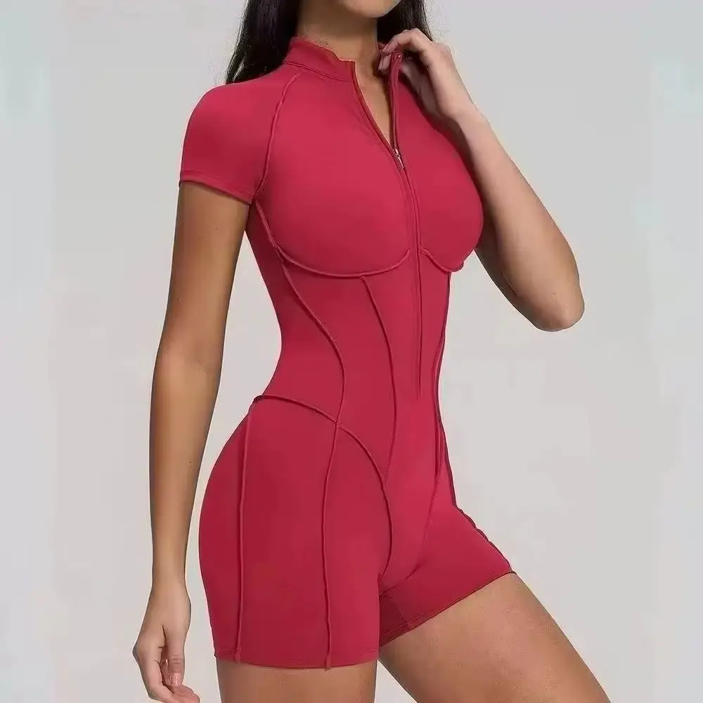 2026 Yoga Bodysuit Short Sleeves Women Tracksuits Gym Zipper Jumpsuits Sports Workout Rompers Fitness One-piece Suit Activewear