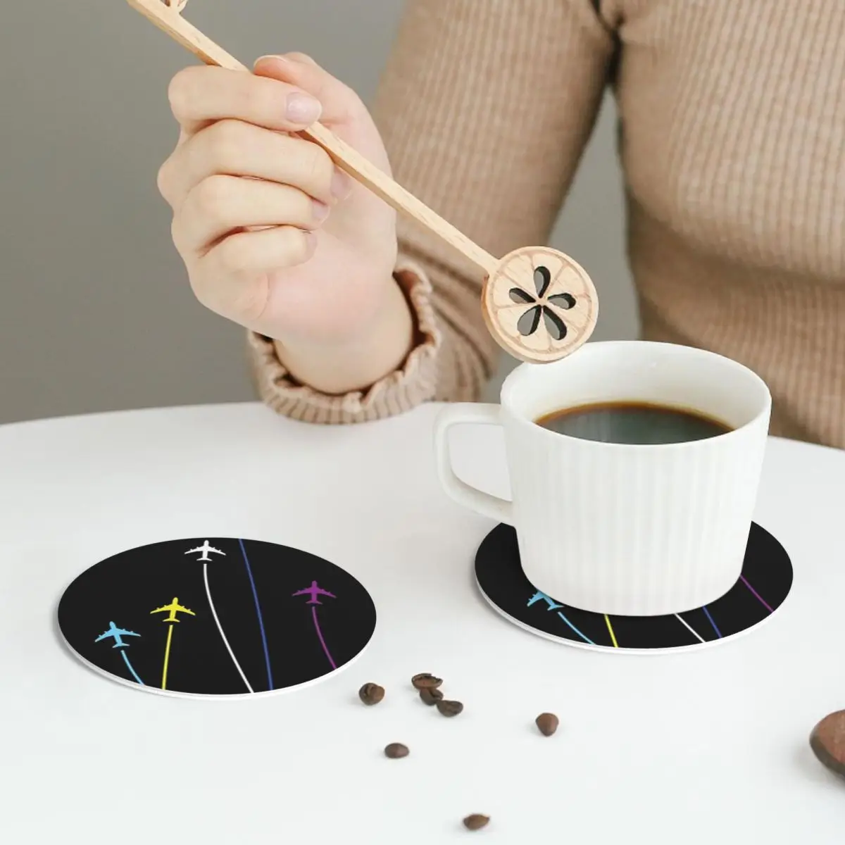 Rainbow Airplanes Flying On Eachother Coasters PVC Leather Placemats Coffee Mats for Home Kitchen Dining Pads Set of 6