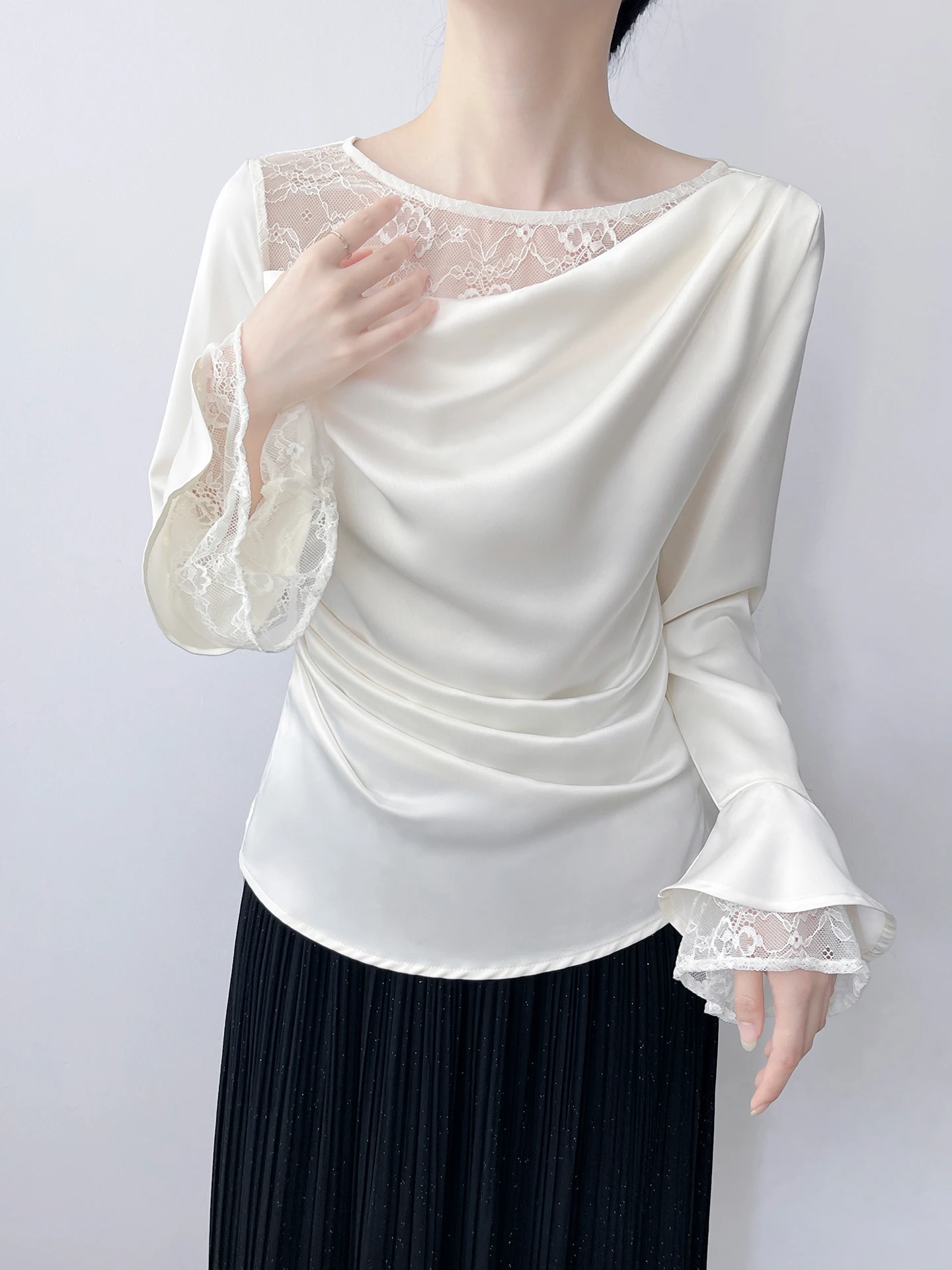 

Hangbaiya Women's Long Sleeve Slim Fit Shirt Gauze Lace Paneling Drapey Satin Flared Sleeve Top Elegant Gentle Style China Made