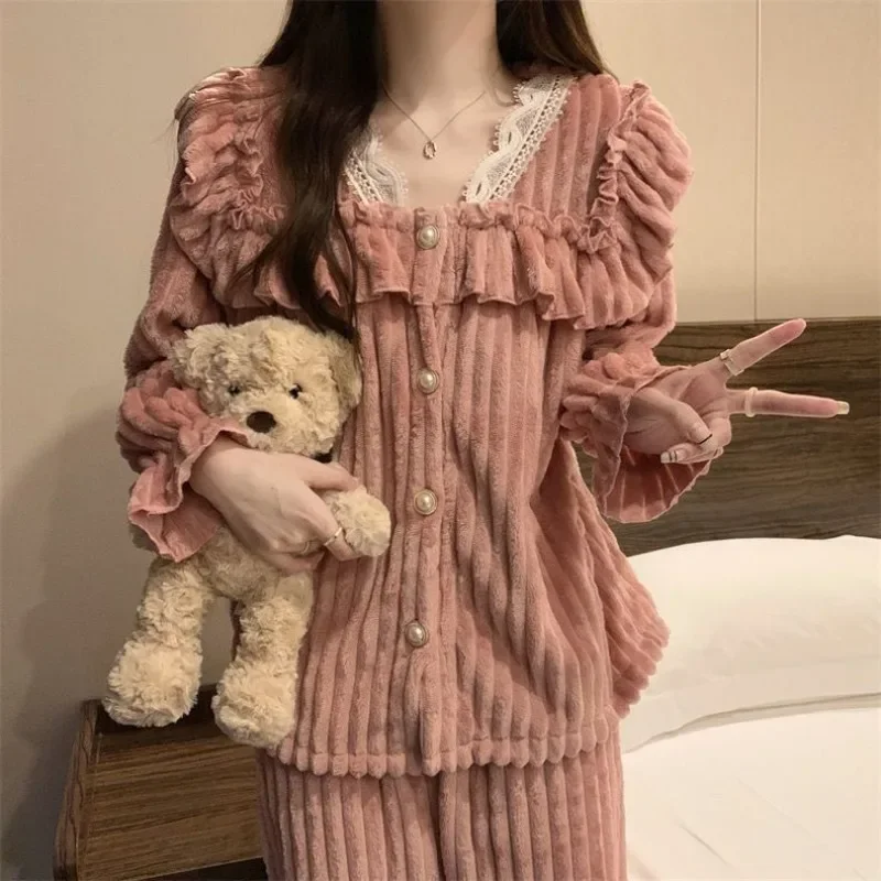 

Winter Coral Fleece Womens Thermal Pajamas Set Lovely Lace-trimmed Thickened Homewear Warm Suit V-neck Fluffy Nightwear 2Pcs