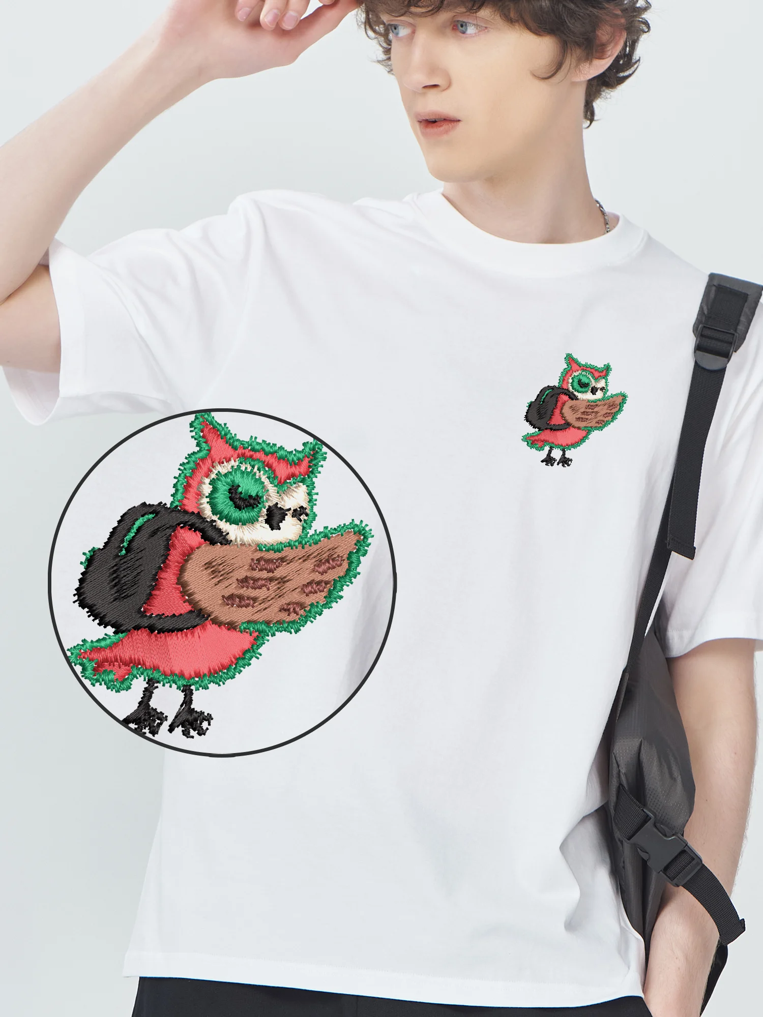 

Owl With Backpack Embroidered Tshirt Unisex Oversized Loose Fit Funky Trendy Design High Quality Embroidery T-Shirt​
