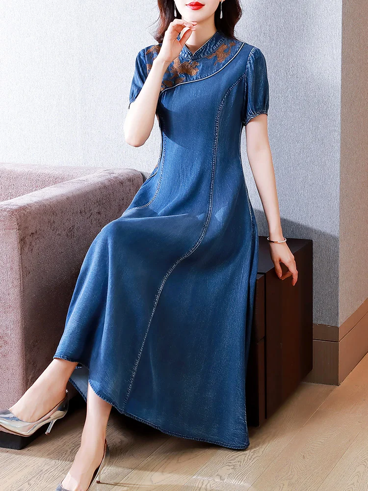 

TIYIHAILEY 2023 New Free Shipping Vintage Women Long Mid-Calf Summer Denim M-2XL Short Sleeve Embroidery Chinese Style Dresses