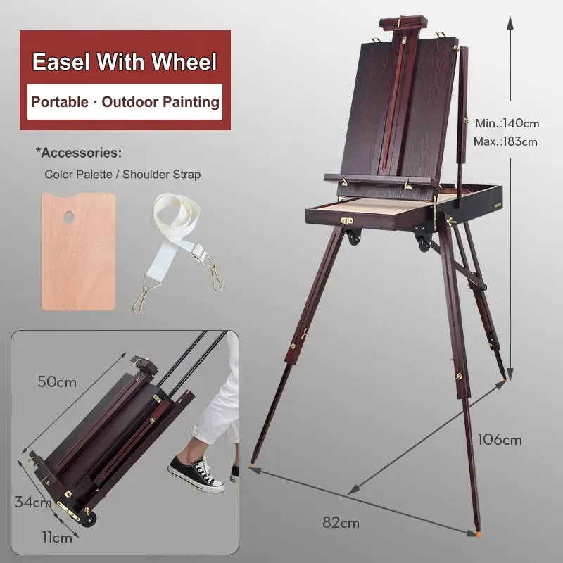 Portable Painting Easel With Wheels Outdoor Drawing Stand Professional Artist Easel For Painting Large Wooden Easel With Storage