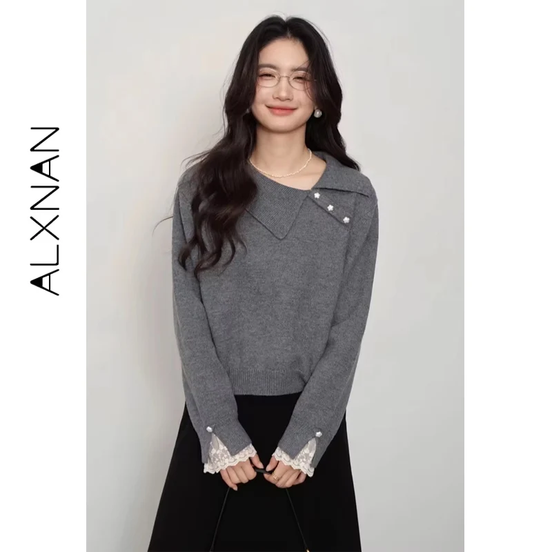 

ALXNAN Grey Sweaters Lace Patchwork Slant Collar Buttons Loose-fit Short Pullovers Elastic Hem Romantic Women's Clothing L57319