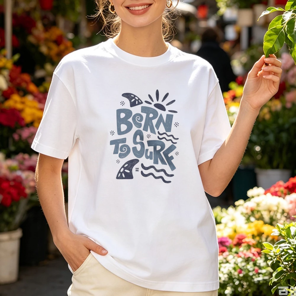 Born To Surf Graphic Tee Hand Drawn Waves Summer Vacation Lifestyle Fun Quote Unisex Cotton Shirt Seaside Vacation Clothing