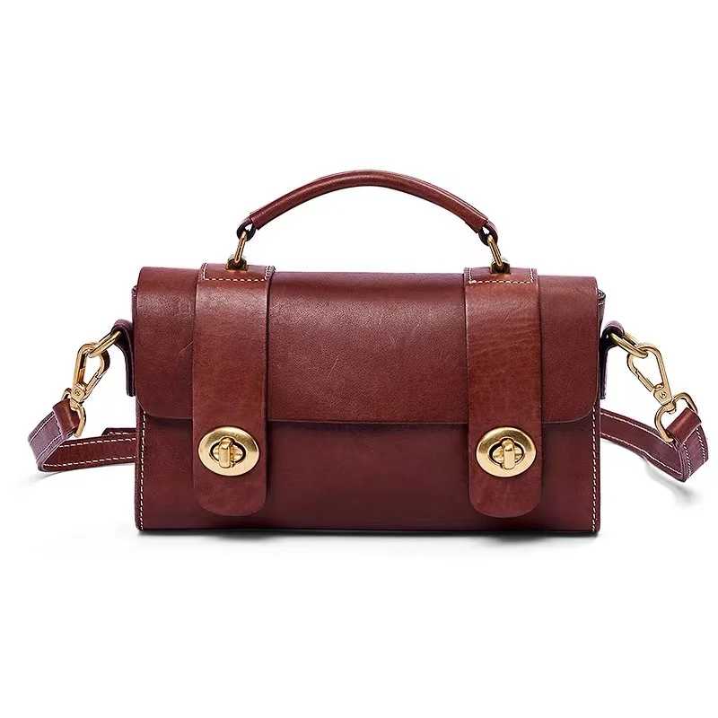 New Handmade Genuine Leather Retro Ladies Hand-held Cylinder Bag Messenger First Layer Cowhide Vegetable Tanned