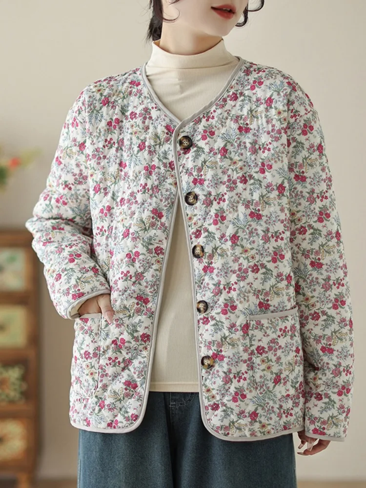 Winter Lightweight Cotton Jacket Women's Loose Fit Young Style No Collar Floral Embroidery Diamond Pattern Home Clothes
