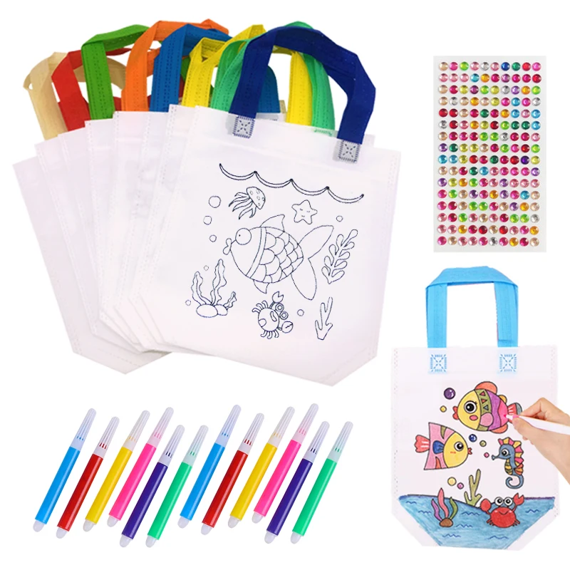 DIY Graffiti Coloring Bags & Mini Painting Marker Diamond Sticker Non-Woven Gift Bag For Kid Birthday Party Favor Party Supplies