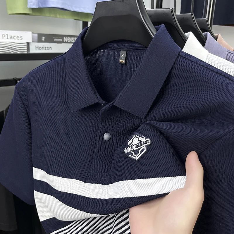 

Новинка 2025, мужская рубашка-поло, летняя полосатая футболка с коротким рукавом и вышивкой, деловая повседневная дышащая футболка больших размеров из мягкой ткани