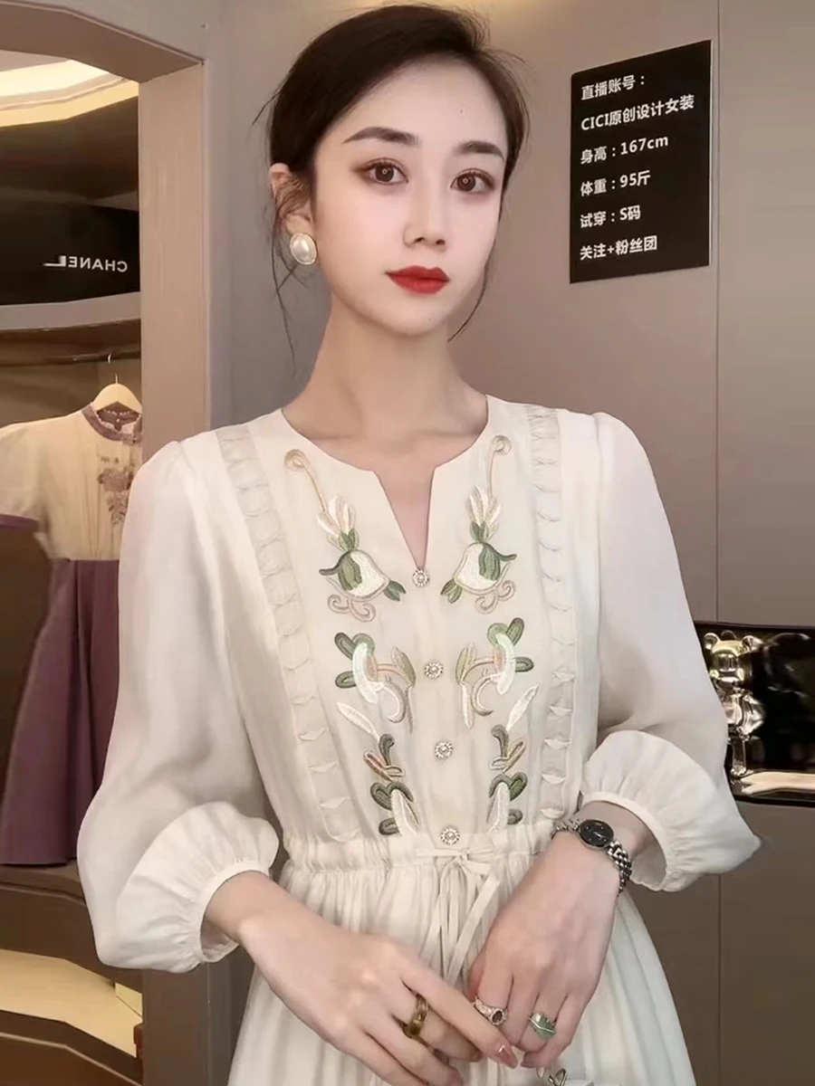 

Chinese Style Embroidery Flower Vintage Thin Long Dress Women Summer Casual Loose Drawstring A Line Vestidos Female Clothes F533