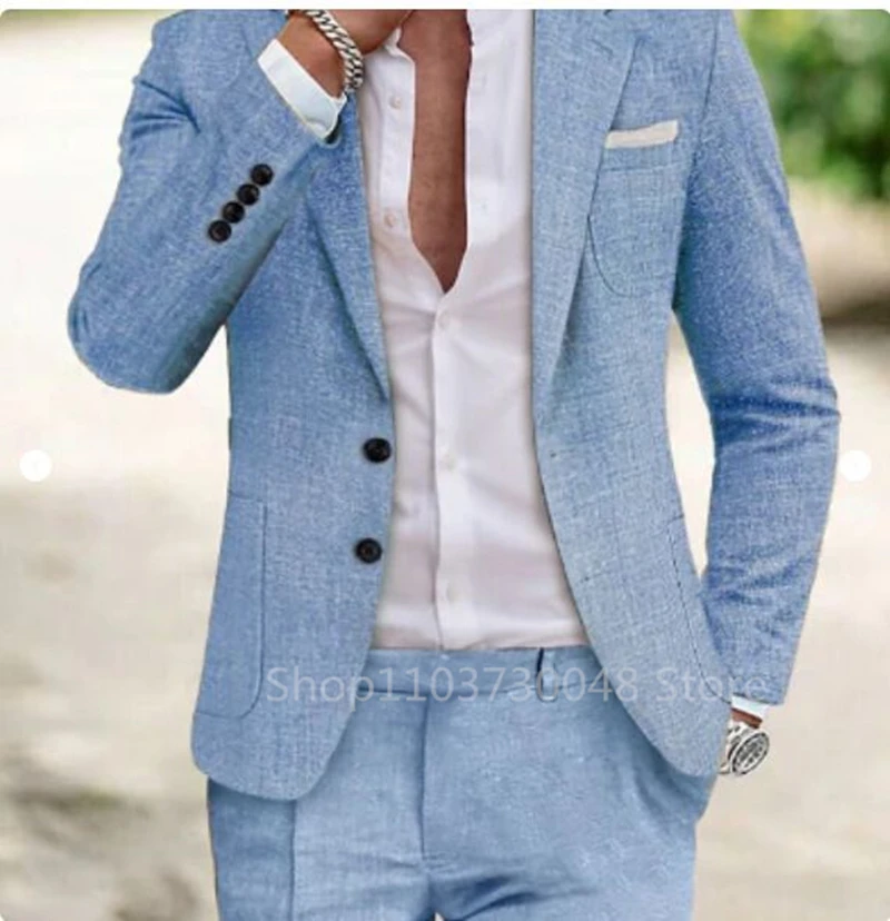 Light Blue/Beige Linen Summer Men Suits Notch Lapel Slim Fit Two Buttons Blazer Pants Groom Tuxedos Wedding Prom 2 Piece Sets