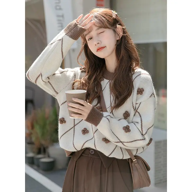 American Short Diamond Checkered Three Dimensional Decorative Pullover Knitted Sweater for Women Spring and Autumn Outerwear Top