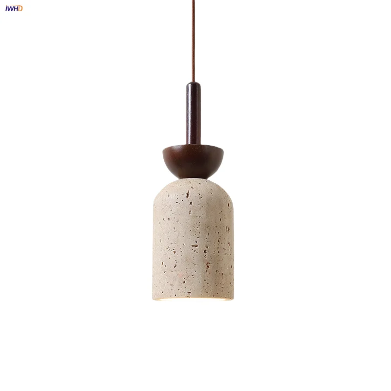 

IWHD Home Decor LED Pendant Light Fixture Bar Loft Indoor Bedroom Nordic Modern Wood Wire Adjustable Yellow Cave Stone Hang Lamp
