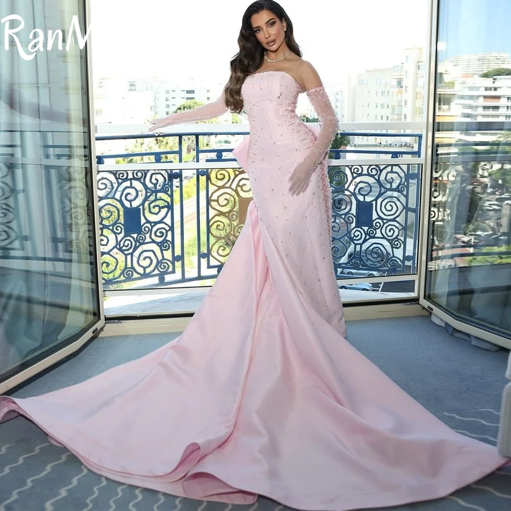 Ranmo Customized Exquisite Pink Satin Evening Dress Delicate Strapless Sleeveless Party Dress High Quality Floor Length 2025