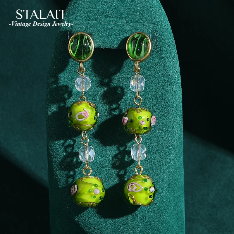 

Vintage Green Long Hanging Earrings Glass Ball Drop Dangle Bohemian Charm Antique Woman Accessories Luxury Summer Jewerly 2025