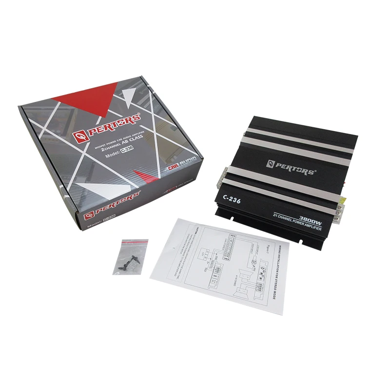 Aluminum material 3800W Class AB Car Audio 2-Ch Amplifier C-236 Better capacitor Safety copper sheet fuse Pure copper terminal