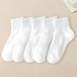 5 Pairs Women Pure White Socks Simple Versatile Comfortable Breathable Deodorizing Quick Drying Lightweight Mid Length Socks