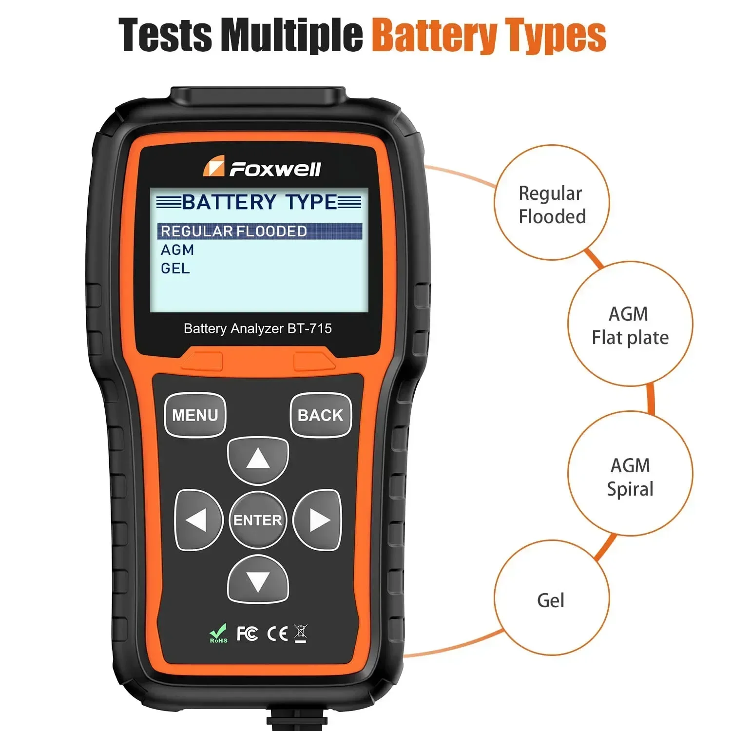 Foxwell BT715 Car Battery Analyzer 12V 24V AGM 100-2000 CCA Cranking/ EFB Flat Plate Battery TesterMulti-Language Update BT715 +