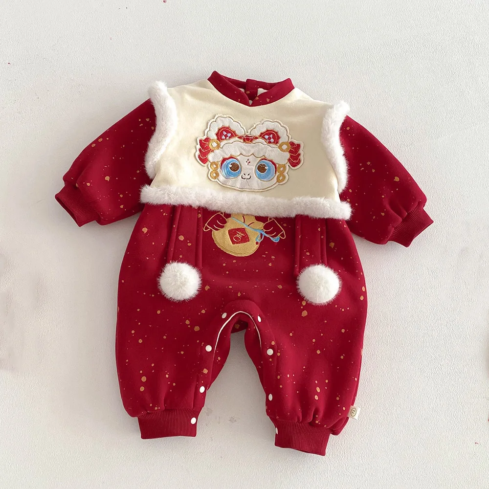 Chinese Traditional New Year Baby Girl Romper Embroidery Velvet Warm Winter Infant Boutique Clothing Christmas Baby Boy Jumpsuit