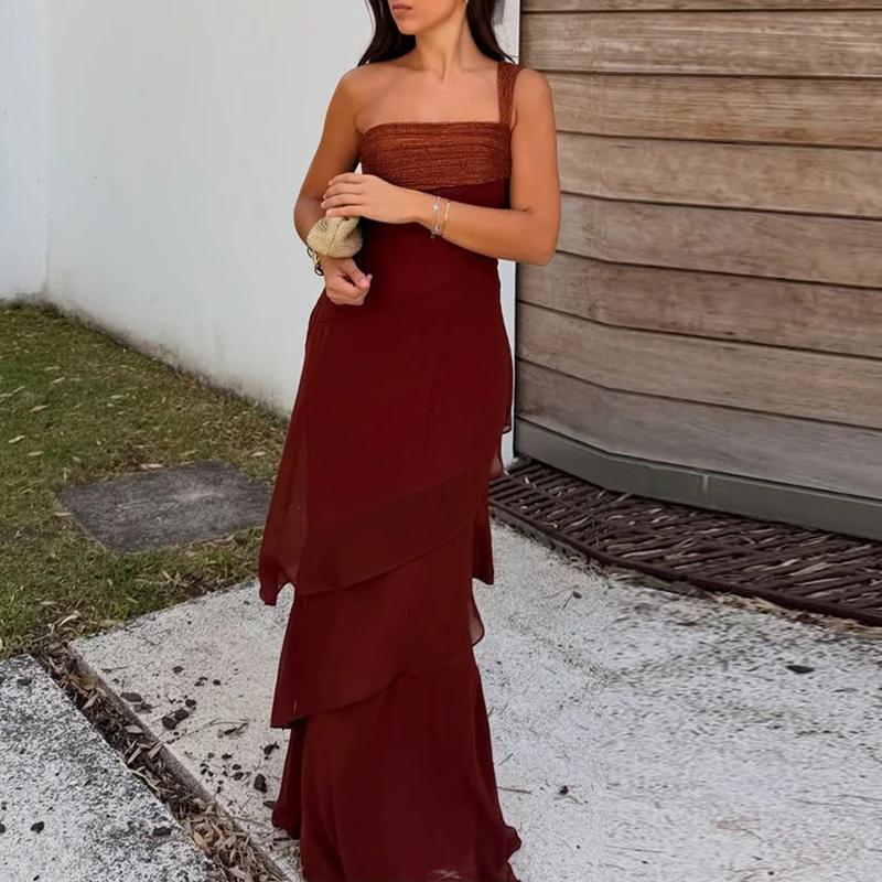 Elegant High Waist Solid Color Dress Vintage Slash Collar Halter Chiffon Maxi Dress Lady Off Shoulder Pleated Slim Party Dress