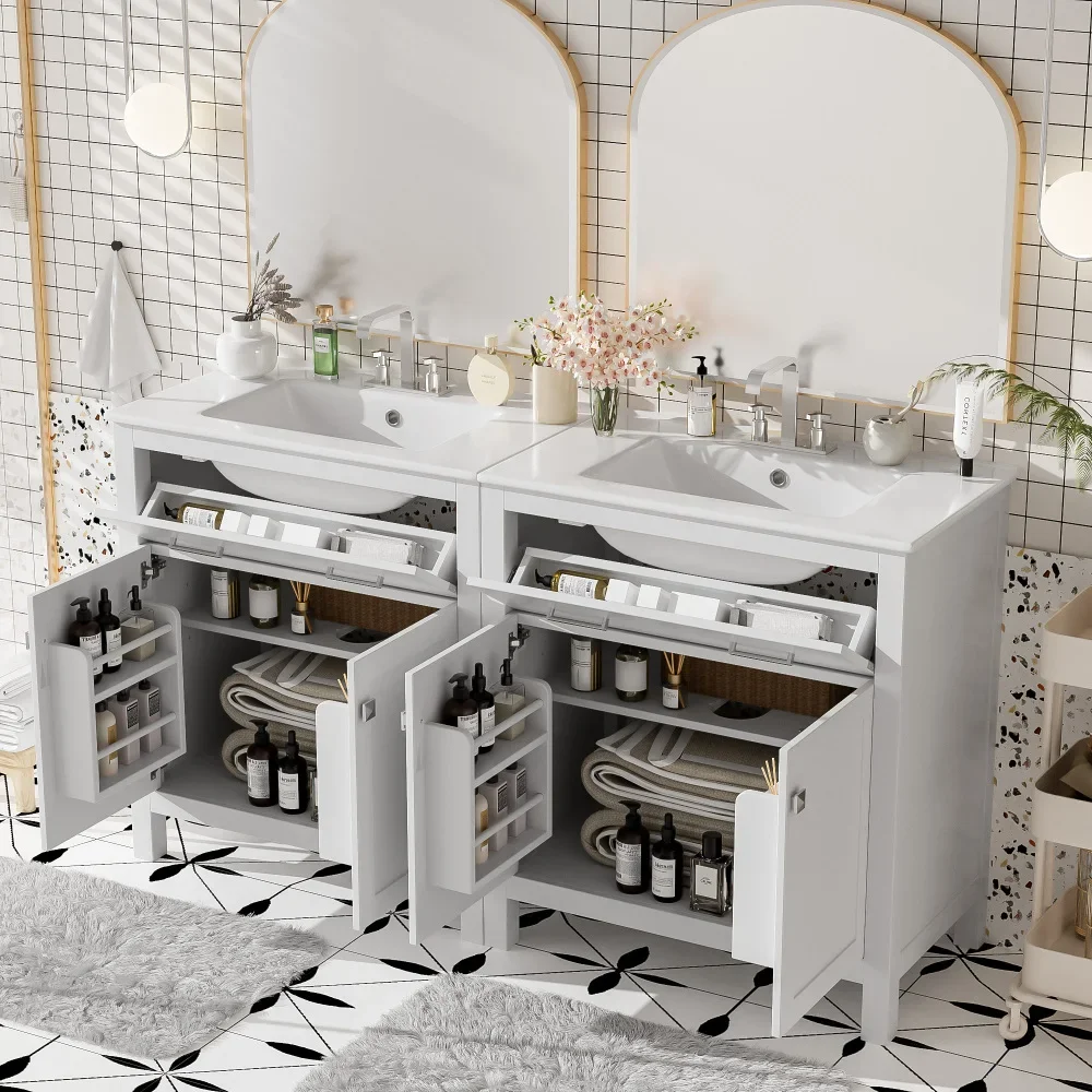 

60" Modern White Bathroom Vanity Set With Double Vanities (Separate), Double Ceramic Sinks, Adjustable Shelf, Soft Close Doors A