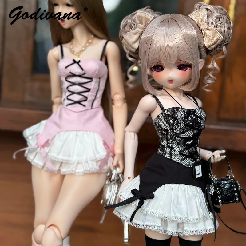 1/4 BJD Doll Clothes Sweet Lace Corset Outfit Spaghetti Strap Bustier and Cute Bow Decor Ruffled Tiered Mini Skirt for 1/4 BJD