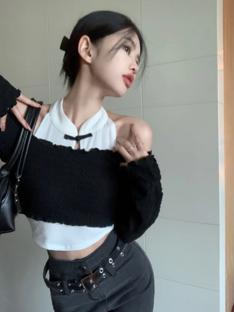 Woherb Sexy Two Pieces Set Women Long Sleeve Off Shoulder Crop Top + Sleeveless Tank  Korean Y2k Aesthetic Chic Outfits