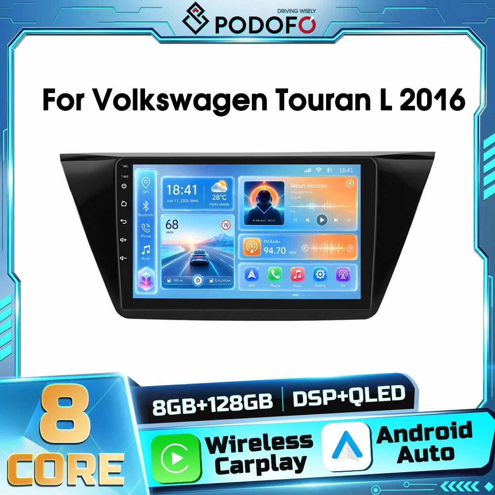 Autoradio Android 2DIN Podofo per Volkswagen Touran L 2016 con Android Auto, DSP, WIFI, Navigazione GPS, Bluetooth, Carplay Wireless, Autoradio FM, Ricevitore RDS