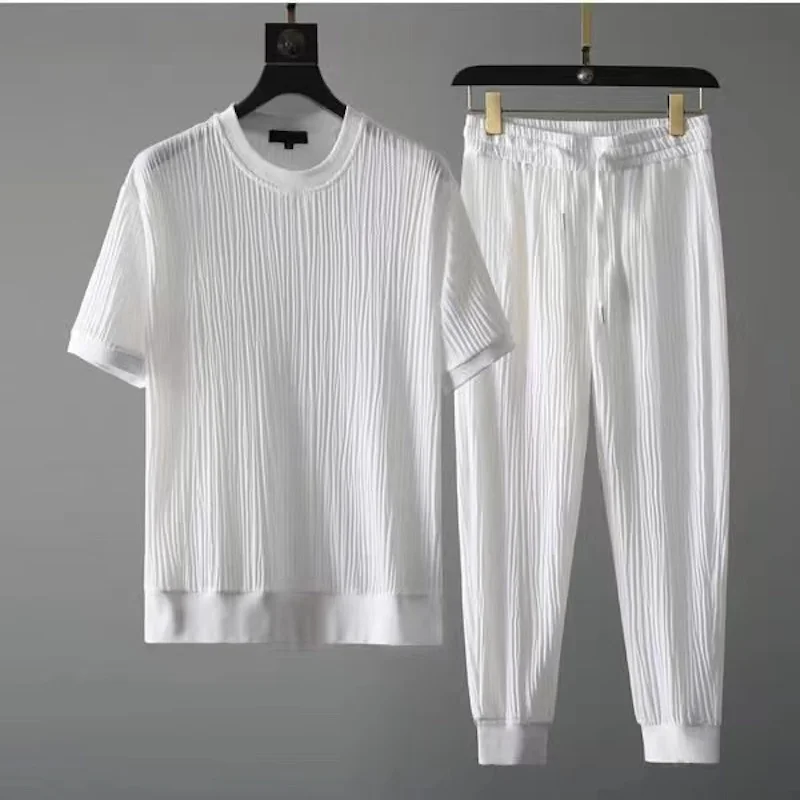 2026 Summer New Men's Set Fashion Versatile Half Sleeve Ice Silk Set Ethnic Style Loose Size Two Piece Set Breathable and Cool 2