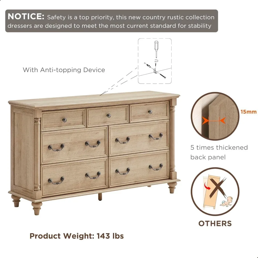 خزانة ذات 7 أدراج على الطراز الريفي الريفي مع أرجل خشبية صلبة لتخزين غرفة النوم #6