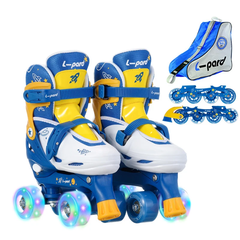 Kids Roller Skate Shoes With Knee Elbow Pads Helmet Beginner Double Row Inline 2 In 1 Sneakers Boys Girls Flash 4 Wheels Skates