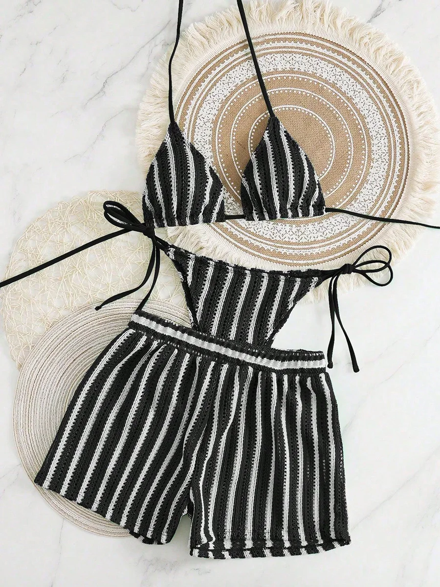 3 шт. с шортами в полоску с лямкой на шее, ажурное бикини, женский купальник, женский купальник, комплект бикини из трех частей, купальный костюм, пляжная одежда для плавания