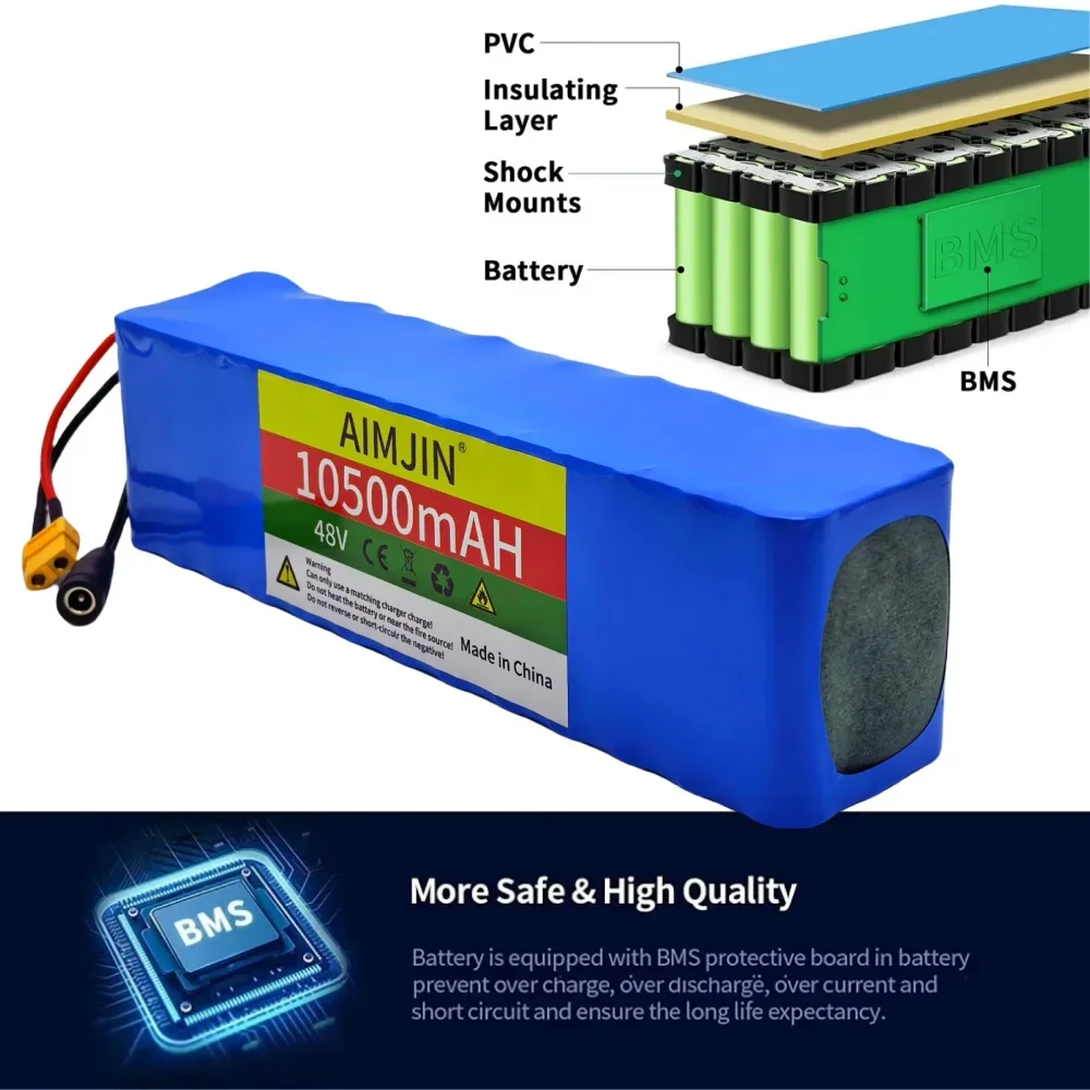 New 48V 10.5Ah 18650 13S3P A-class lithium battery pack, 1000W built-in BMS, suitable for Motorized Scooter+54.6V 2A Charger