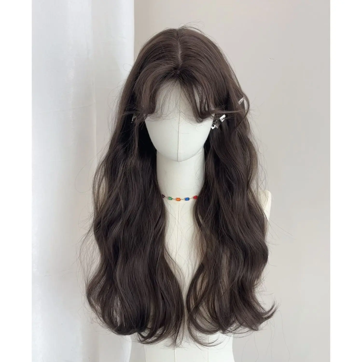 

Wool curly wig female long hair with a few words bangs simulation lazy long curly hair full headgear