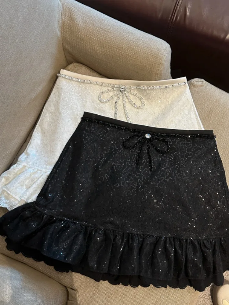 

Shiny Sequin A-Line Skirt Women's High Waist Flared Hem Knot Slimming Short Skirt Summer New Arrival Cleanfit ...