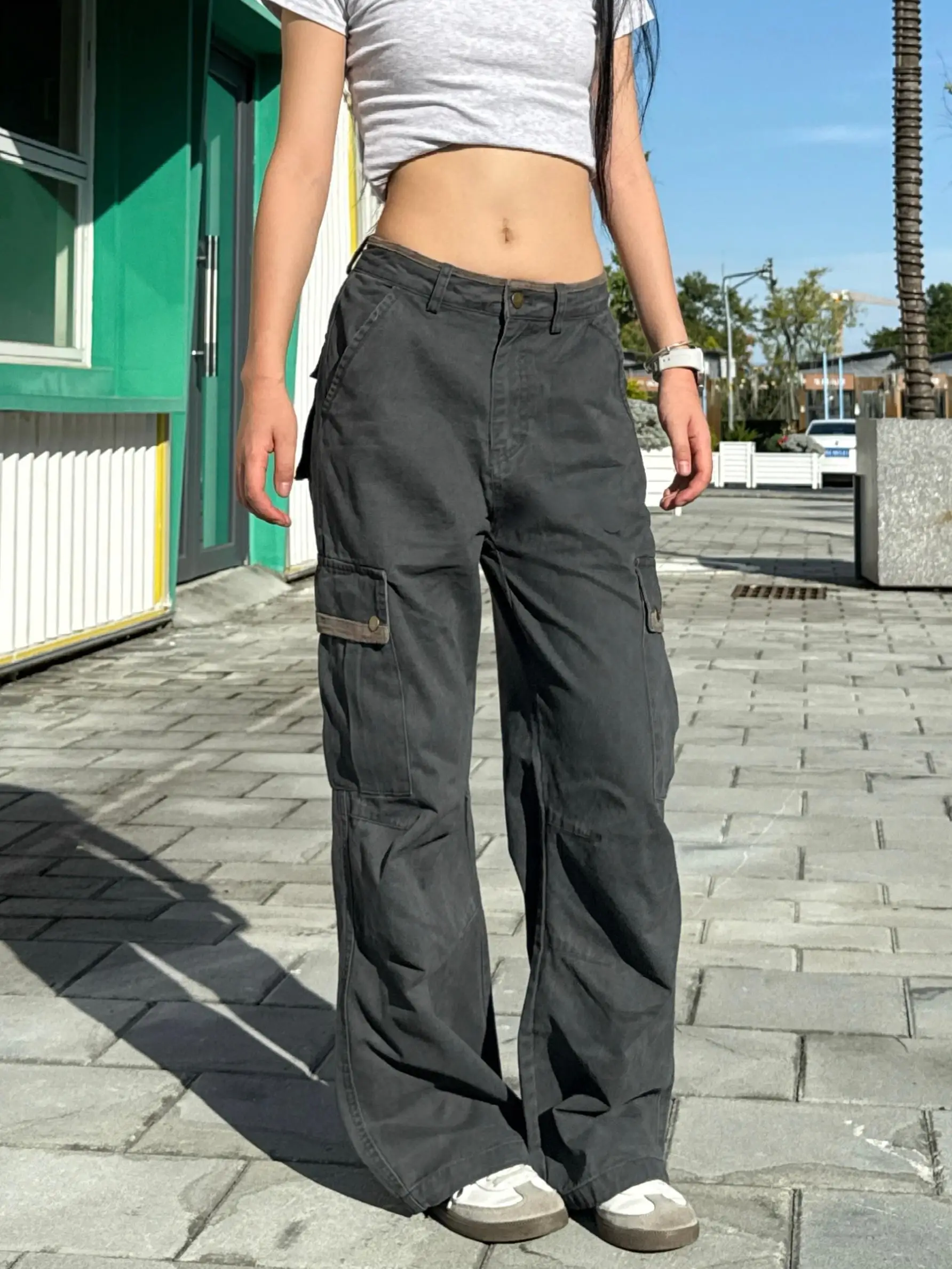 

Cleanfit American High Street Vintage Grey Work Trousers Loose Wide Leg Straight Casual Pants for Men And Women
