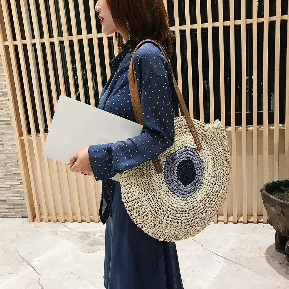 

Women Woven Round Straw Rattan Bag Female Color Patchwork Shoulder Crossbody Handbag Vacation Coast Ratton Woven Shoulder Pouch