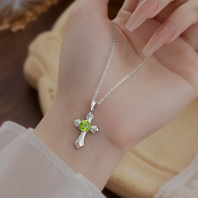 S925 Sterling Silver Brushed Craft Cross Pendant Necklace For Women Topaz Amethyst Gemstone Lucky Blessing Clavicle Chain Fine