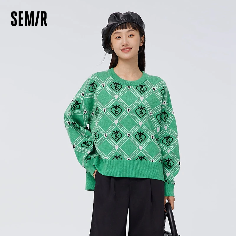 Semir Knitted Sweater Women Spring New Design Sense Jacquard Oversize Slit Checkered Top