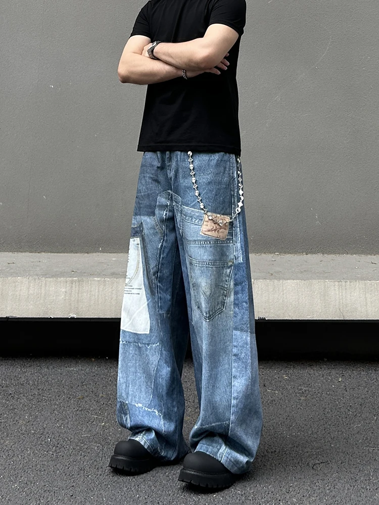 

Новые модные джинсы в стиле пэчворк с 3D цифровым распылением, свободные расклешенные широкие брюки для мужчин и женщин, американский уличный сле