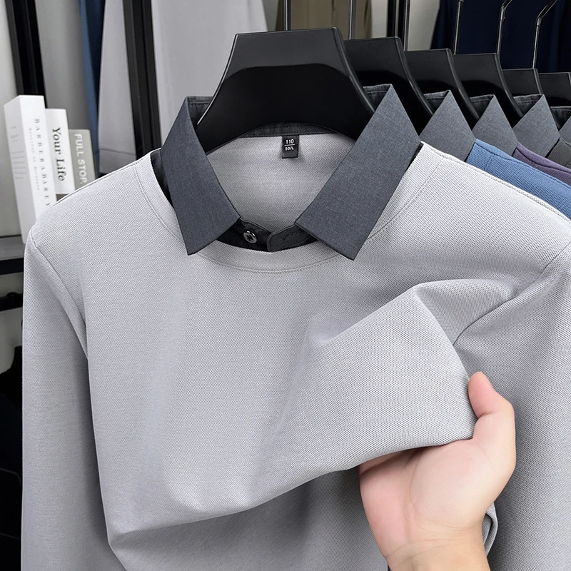 

High Quality Men's Lapel Fake Two Piece Long Sleeve T-Shirt Autumn New Solid Color Breathable Fashion Business Commute Menswear