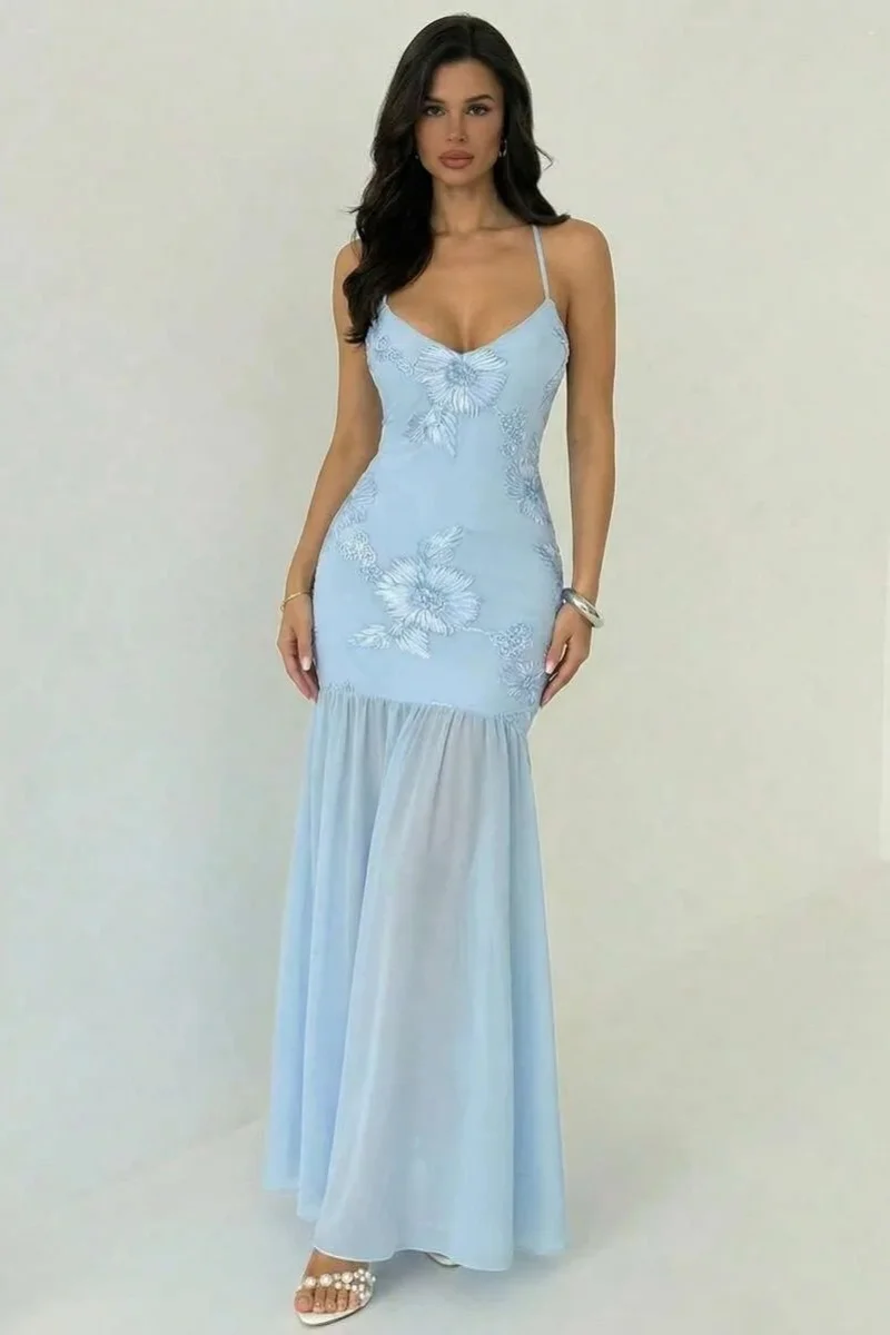 Sky Blue Floral Embroidered Evening Gown Elegant Chiffon Mermaid Dress Slim Formal Dress for Women Wedding Party Dinner Ball